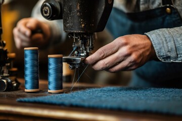 Poster - Tailor using vintage sewing machine and blue thread in workshop