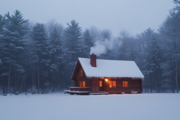 Wall Mural - Cozy wooden cabin with smoking chimney in snowy winter wonderland