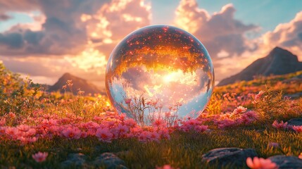 Wall Mural - Crystal ball sunset mountain flowers