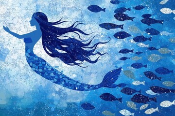 Sticker - Blue mermaid swimming with a school of fish underwater