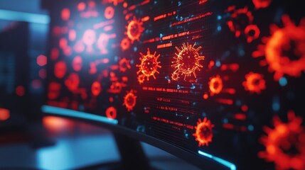 Aufkleber - a macro shot of a computer monitor displaying a frantic array of malevolent virus symbols crashing a
