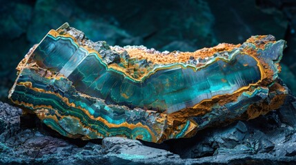 Aufkleber - A striking mineral specimen exhibits brilliant colors and unique patterns, reflecting the complex beauty of nature's geological processes and formations.