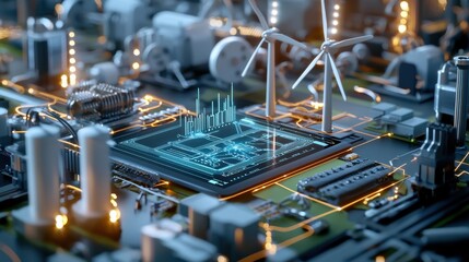 Poster - A computer chip with a green screen and a city in the background