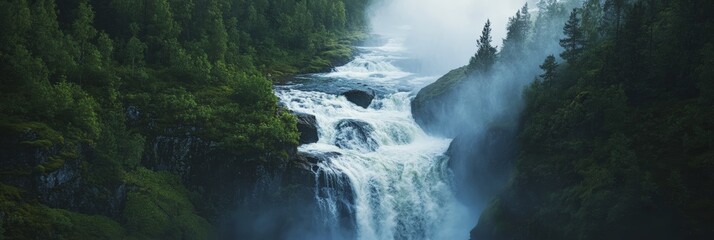 Poster - Powerful waterfall cascading down rocky cliffs amidst a lush green forest, creating a mesmerizing display of nature's raw beauty and power, with mist and spray adding to the enchanting atmosphere