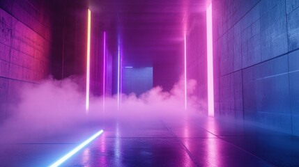 Poster - Futuristic scene with a smooth concrete surface and thick white smoke illuminated by neon lights.