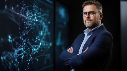 Fototapete - A man stands in front of a large screen displaying a complex network of lines