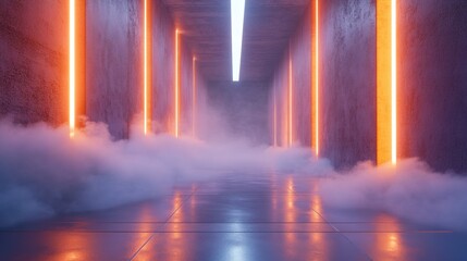 Poster - Futuristic scene with a smooth concrete surface and thick white smoke illuminated by neon lights.