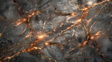 Fototapete - A detailed surface reveals a captivating interplay of glowing cracks against a dark gray background, creating a striking visual texture suitable for various design applications.