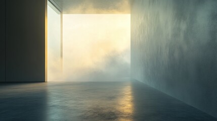 Poster - Minimalist setting with a textured concrete floor and soft, illuminated smoke swirling in the distance.