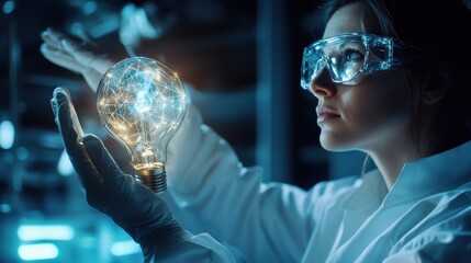 Poster - A woman wearing a lab coat and goggles is holding a light bulb in her hand