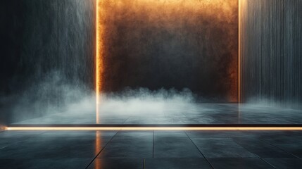 Poster - Minimalist setting with a textured concrete floor and soft, illuminated smoke swirling in the distance.