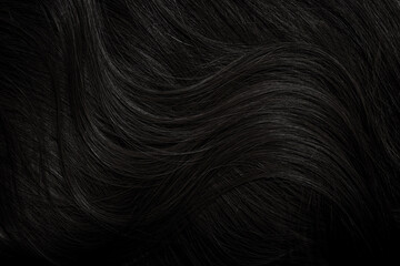 Wall Mural - Brunette or black hair. Female long dark hair in black. Beautifully laid curls. Closeup texture in a dark key. Hairdressing, hair care and coloring. Shading gray hair. Background with copy space.