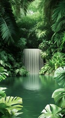 Poster - Lush tropical foliage frames a mesmerizing waterfall cascading into a serene green pool, creating a tranquil oasis in the heart of a vibrant jungle