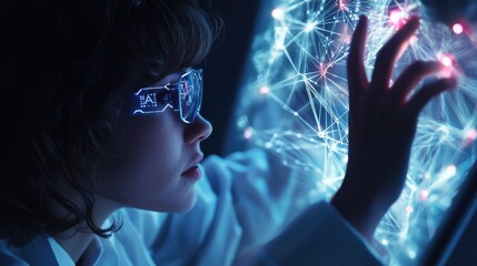 Aufkleber - A woman wearing glasses is looking at a computer screen with a blue