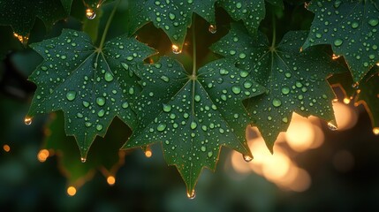 Canvas Print - Dew Drops on Maple Leaves at Sunset