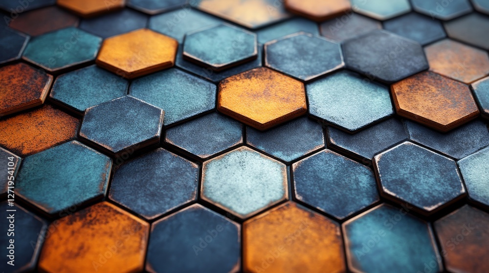 Hexagonal tiles in a blue and gold color palette Stock Photo | Adobe Stock