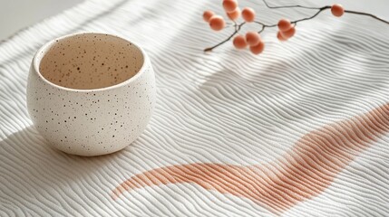 Wall Mural - A speckled ceramic cup rests on textured fabric surface