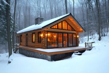 Poster - Cozy wooden cabin glowing in snowy winter forest at dusk