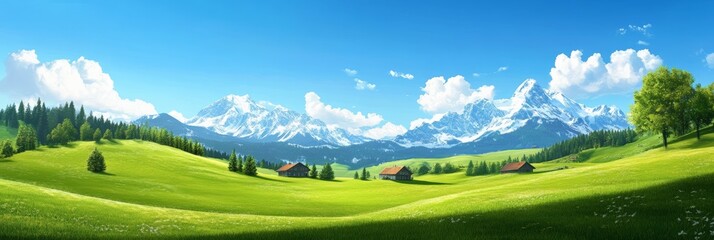 Aufkleber - Stunning panorama showcasing lush green meadows dotted with traditional wooden houses, framed by majestic snow capped alpine peaks under a vibrant blue sky
