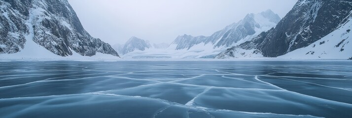 Poster - Scenic view showcasing a frozen lake with intricate cracks in the ice, reflecting majestic snowy mountain peaks in the background, creating a tranquil winter landscape