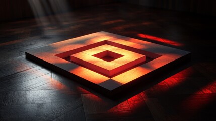 Wall Mural - Glowing stacked square platform rests on a wooden floor