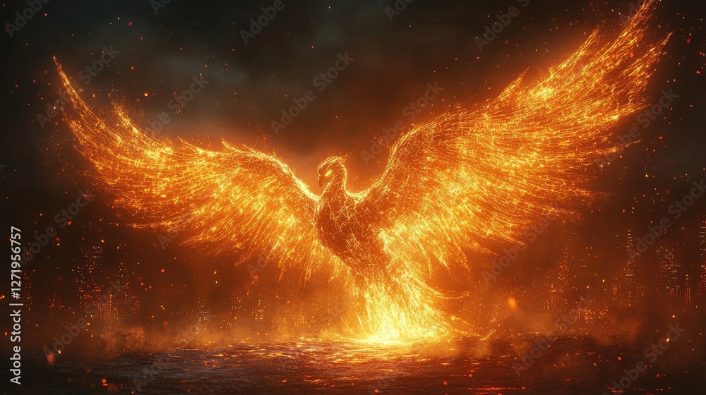 A stunning depiction of a fiery phoenix rising from the ashes with a ...