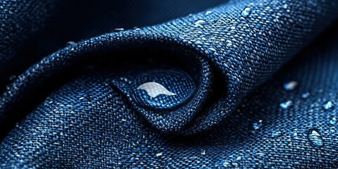 Poster - Close-up view of a denim fabric with water droplets captured in soft light showing intricate texture and detail