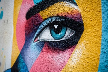 Poster - Colorful mural painting featuring a striking blue eye