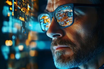Leinwandbilder - Software engineer working on computer code reflected in glasses at night
