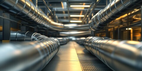 Poster - Industrial scene showcasing intricate metal piping in a modern facility under warm lighting