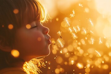 Aufkleber - Little girl blowing dandelion seeds at golden hour sunset