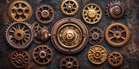 Poster - Intricate arrangement of vintage gears showcasing steampunk design elements on a rustic surface