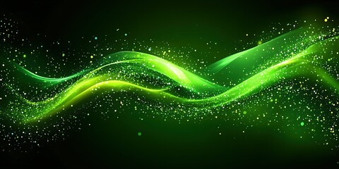 Poster - Colorful green abstract waves with glowing particles create a mesmerizing visual display in a dynamic and enchanting background