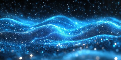 Wall Mural - shimmering blue waves with sparkling stars in a cosmic landscape at night