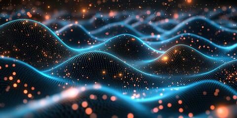 Poster - Digital abstract waves with glowing particles create a vibrant visual of movement and energy in a futuristic setting