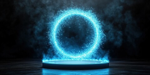 Poster - Glowing circular portal surrounded by mist creates an ethereal atmosphere in a dark setting