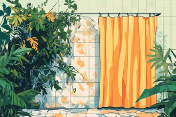 Wall Mural - Lush green plants surround a bathroom with a yellow curtain