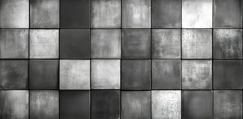 Poster - Decorative wall featuring a patterned arrangement of gray and metallic tiles in a modern interior setting