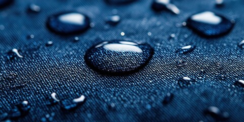 Poster - Water droplets glisten on a dark fabric surface, showcasing their spherical shapes and reflections in soft lighting