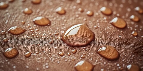 Poster - Drops of water glisten on a textured brown surface showcasing the beauty of nature's design and the interaction of water and fabric