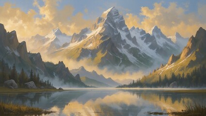Poster - Majestic mountain landscape reflects in calm lake at sunrise with golden light illuminating the peaks and clouds