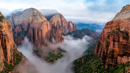Poster - Low clouds are filling the valley between the majestic sandstone cliffs of zion canyon in utah, creating a breathtaking natural spectacle during sunrise
