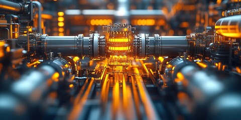 Poster - Complex machinery with glowing elements operates in a futuristic industrial setting at twilight