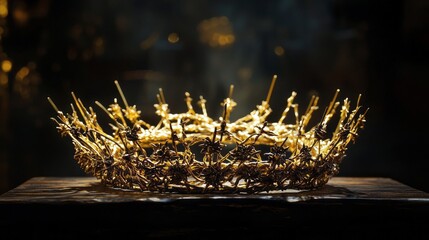 Poster - A beautifully crafted crown of thorns sits majestically on a dark wooden surface, its golden glow casting an ethereal light in a solemn, reverent atmosphere filled with history and spirituality