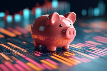 Poster - Piggy bank standing on futuristic stock market data showing increasing profits