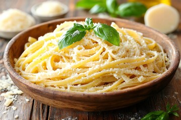 Wall Mural - Delicious pasta with grated cheese and basil leaves in wooden bowl