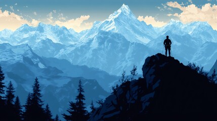 Wall Mural - Mountaineer standing on mountain peak admiring inspiring winter landscape