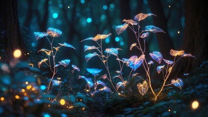 Poster - Illuminated plants glowing softly in a mystical forest during twilight hours
