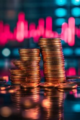 Poster - Stacks of coins rising with stock market graph showing growth potential