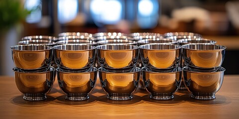Poster - Collection of polished bowls arranged neatly on a wooden table in a modern setting